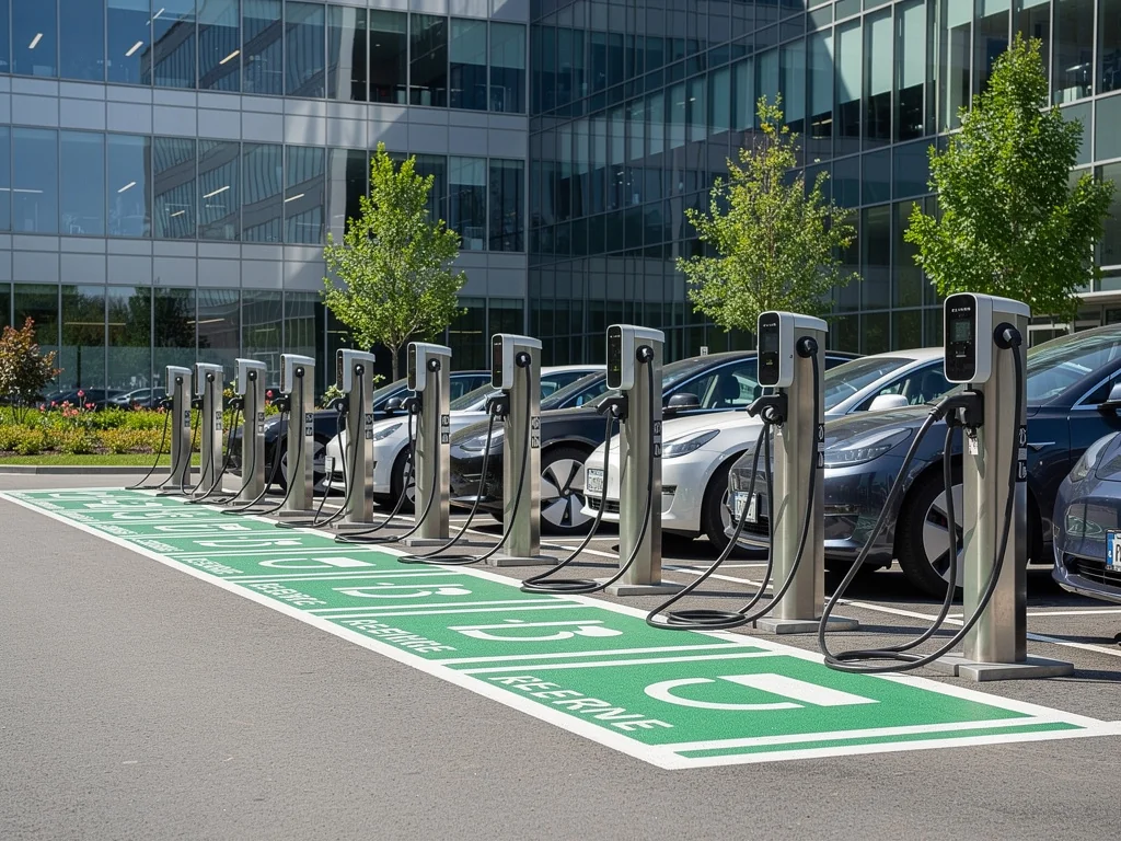 Bornes de recharge sur pied alignées sur le parking d'une entreprise