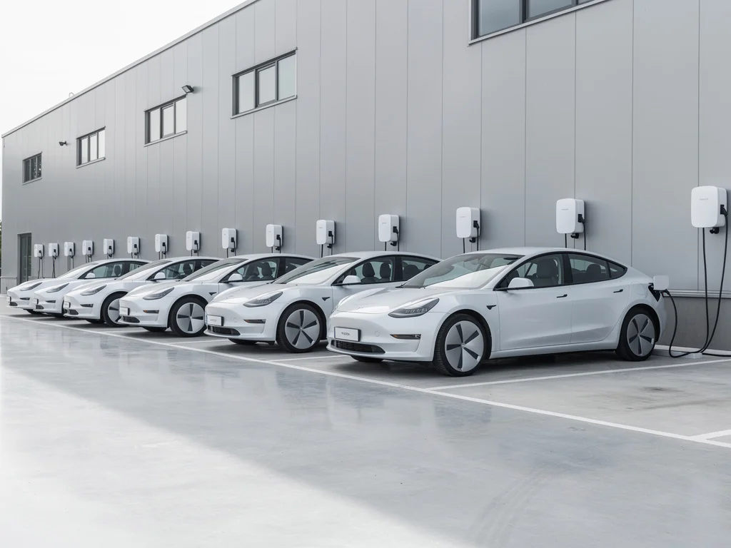 Flotte de véhicules électriques de société en charge le long d'un bâtiment