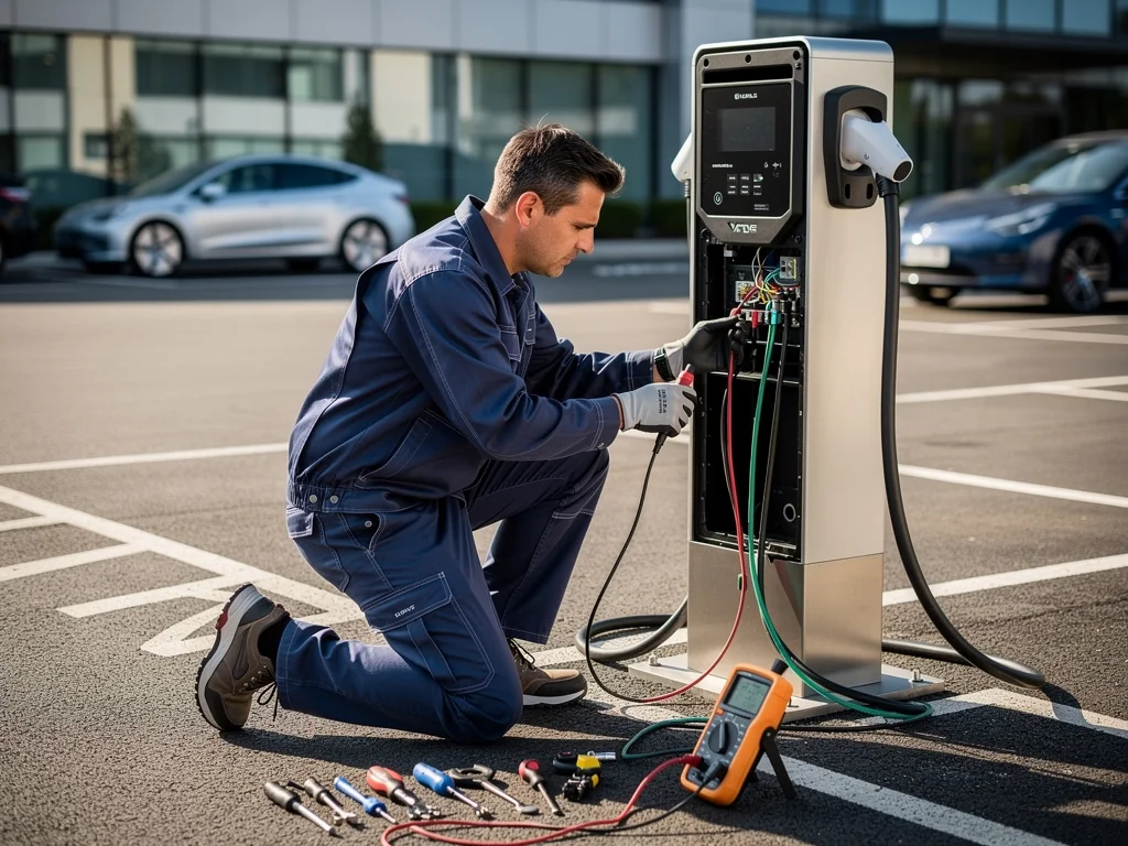 Technicien IRVE raccordant une borne sur un parking d'entreprise