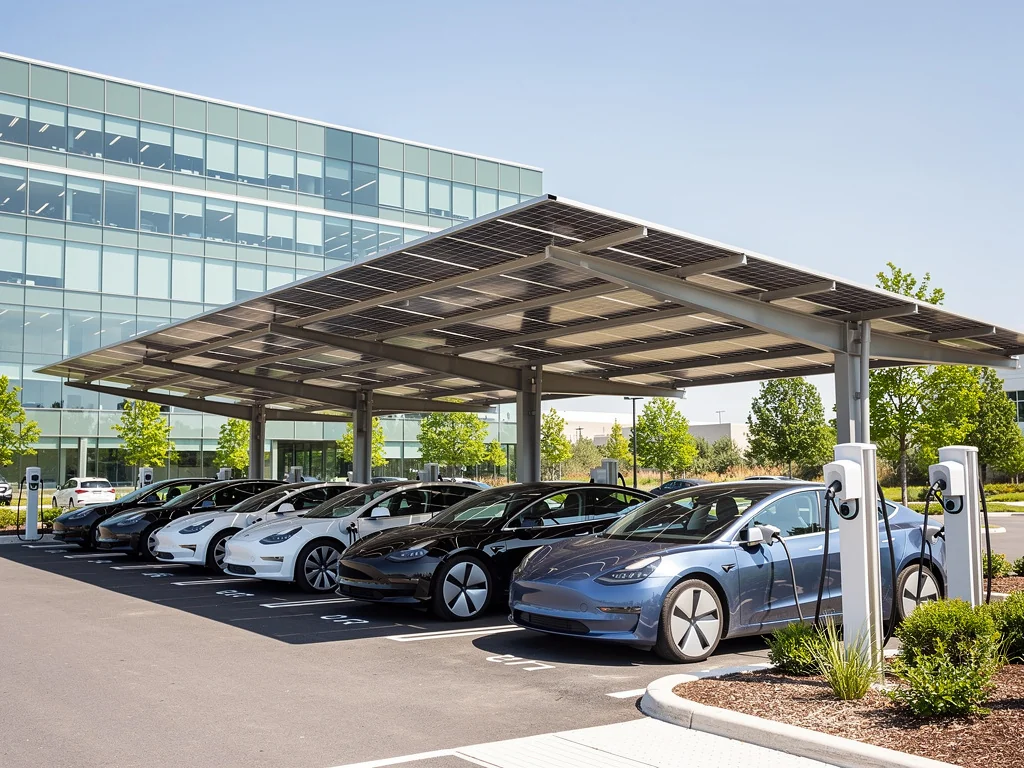 Ombrière photovoltaïque abritant des bornes de recharge sur un site professionnel